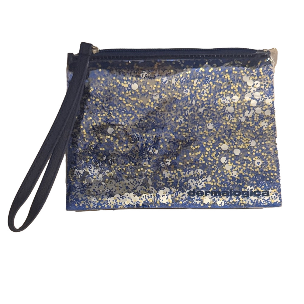 NWOT Dermalogica Blue and Gold Glitter Product Bag